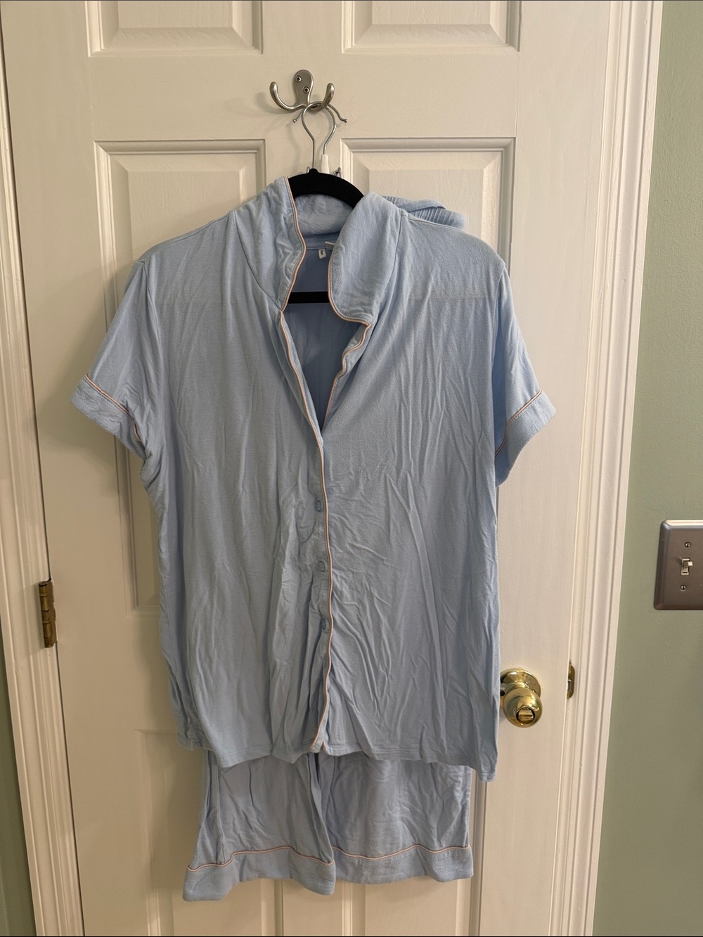 Nordstrom Pale Blue Short-Sleeve Button Pajama Set with Pink Contrast Piping
